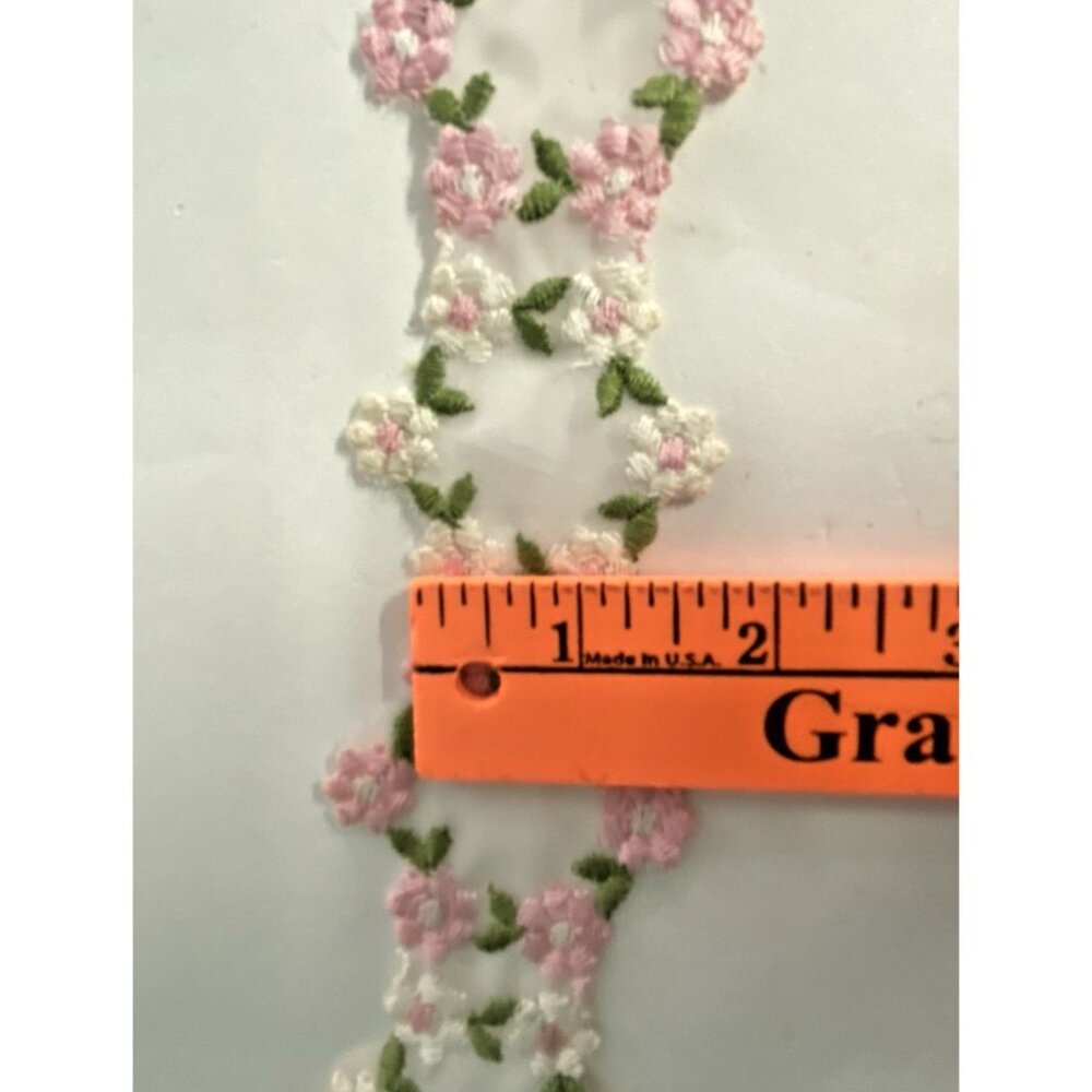 Vintage Embroidered Floral Ribbon Mesh White Pink Flowers 2in x 57in Trim Sewing - Picture 9 of 9